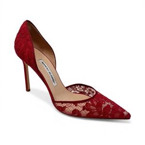 Manolo Blahnik Red Tayler Lace D'Orsay Pointed Pump